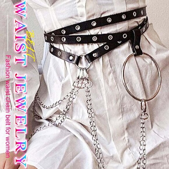 Adjustable Black Leather Chain Belt for Women - Ideal for Concerts & Nightclubs - Picture 7 of 7